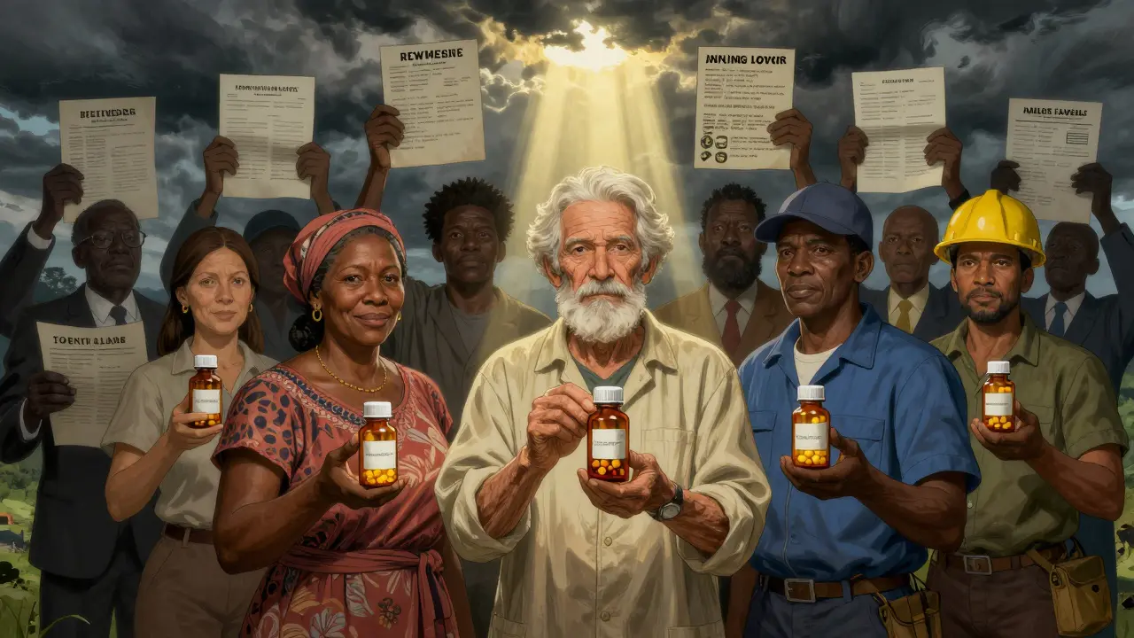 Diverse patients holding generic pills, lit by sunlight, while shadowy figures behind them clutch patents and price tags.