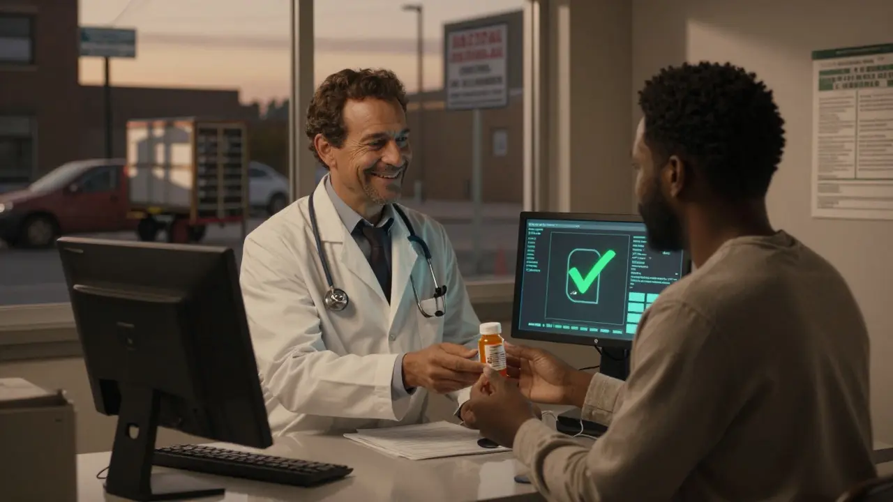 Doctor and patient exchange a smile as an EHR screen confirms a generic prescription, clinic at dusk.