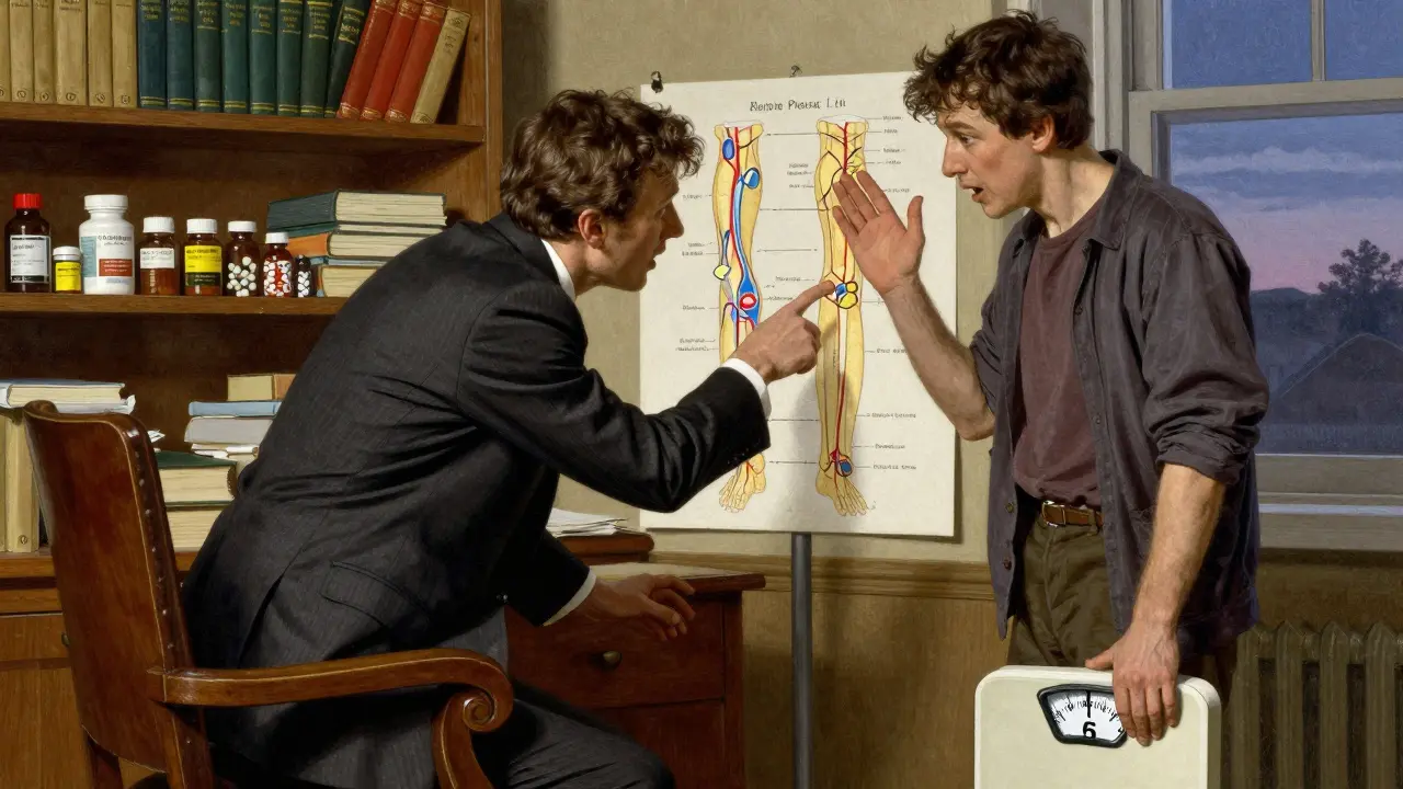 Doctor explaining fluid retention to patient in office, scale showing weight gain, twilight window.