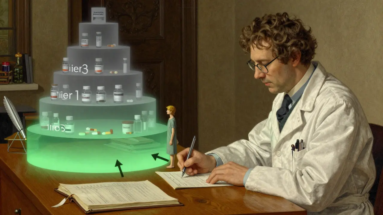 Doctor writes prescription as floating tiers show cost differences between generic and brand drugs.