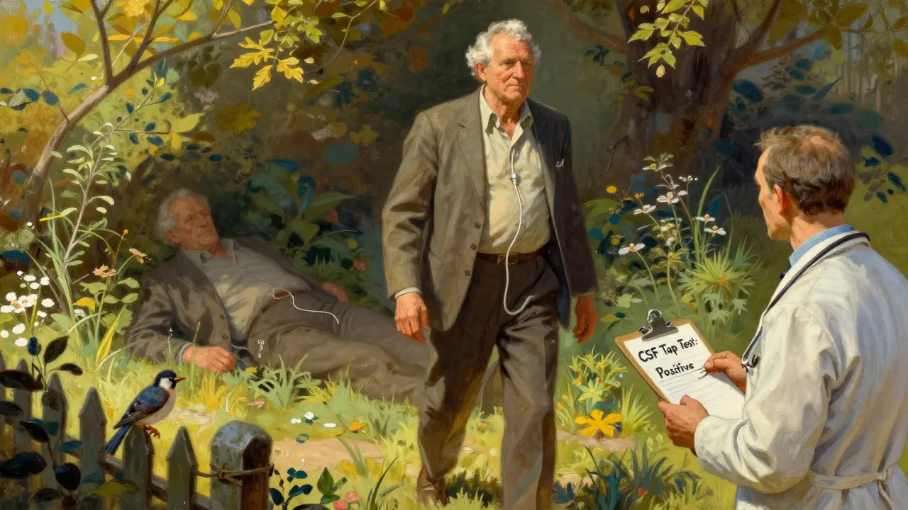 Elderly man walking confidently in garden, shunt tube faintly visible, faded shadow of his former self behind him.