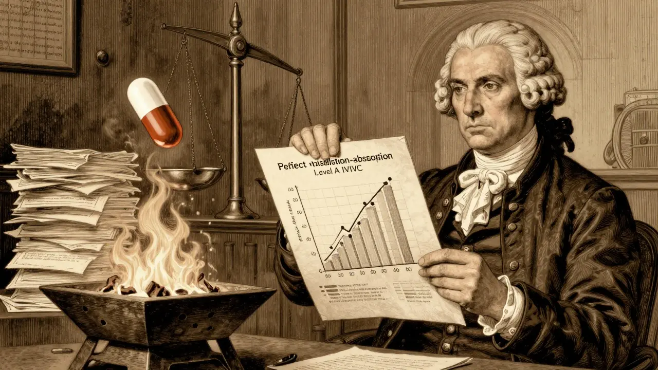 FDA regulator holds Level A IVIVC graph while rejected applications burn, generic and brand pills balanced on scale.