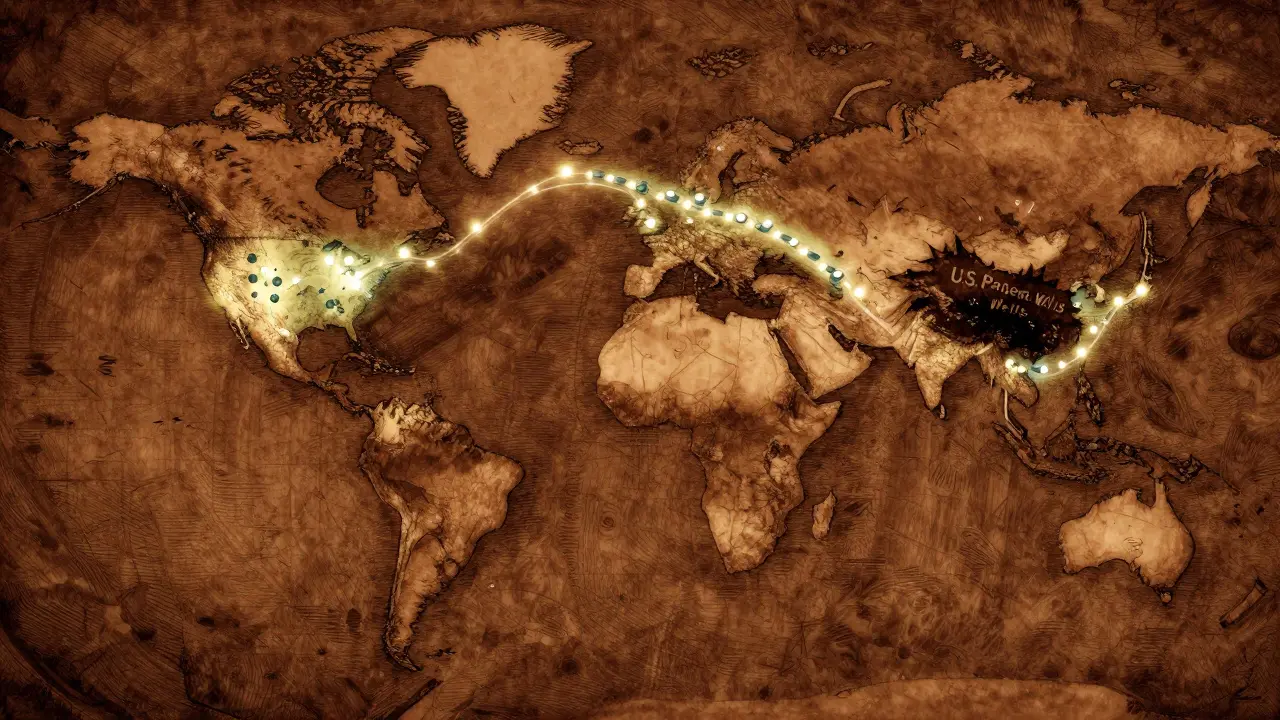 Global map showing generic drug supply routes from India and China to developing nations, blocked by patent barriers in the U.S.