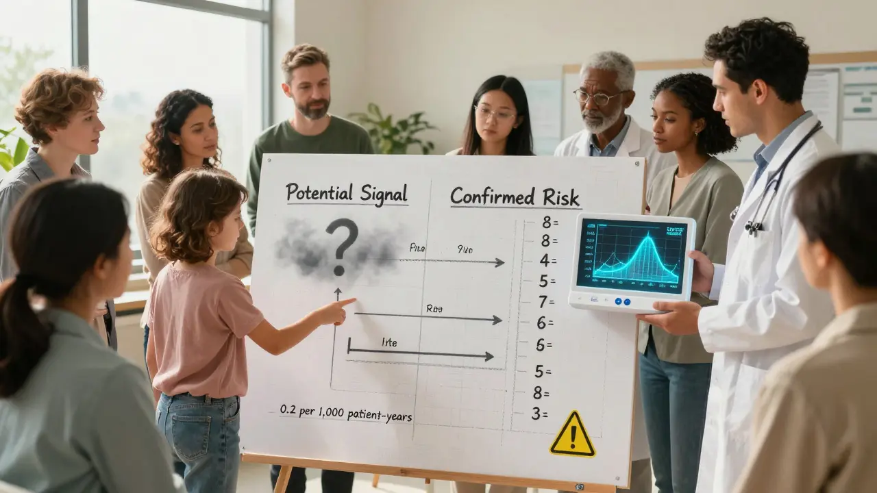 Group examining a hand-drawn chart comparing potential signals to confirmed risks with numbers.