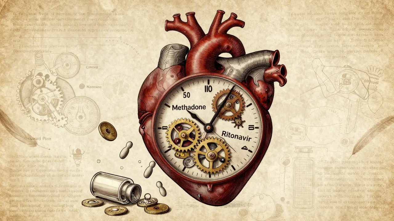 Heart as a mechanical clock with methadone and ritonavir pulling the hand past danger point.