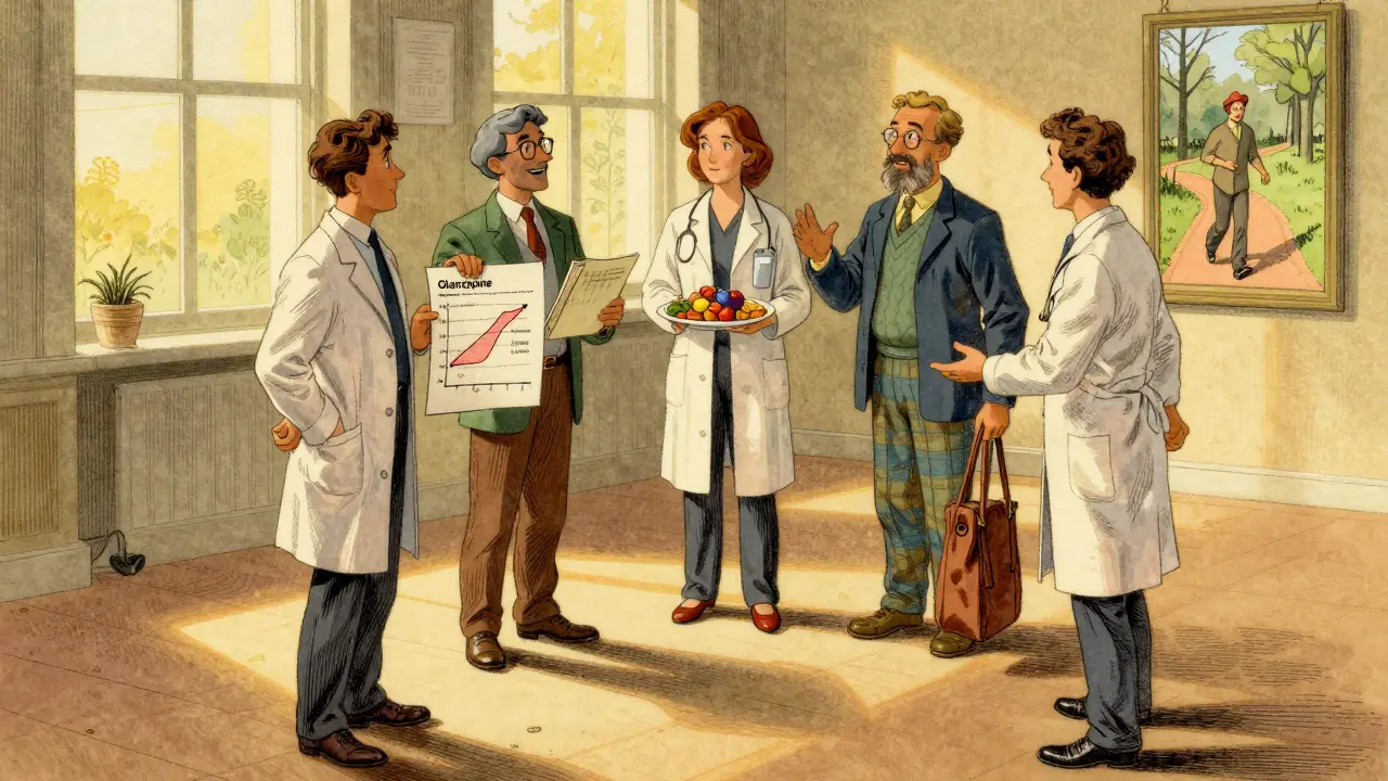 Medical team huddles around patient with charts, healthy meals, and walking path, bathed in warm golden light.