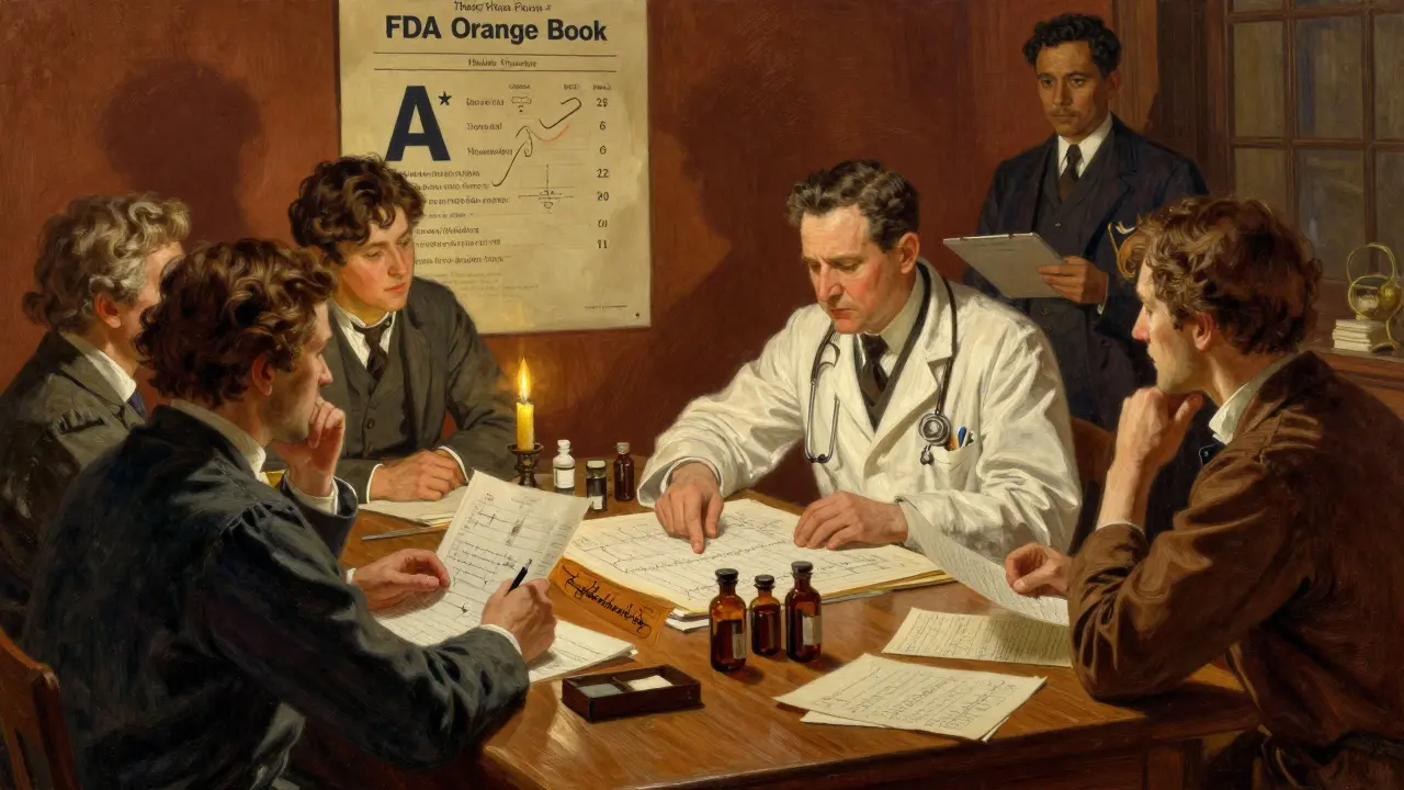 Medical team reviewing dose formulas and ECG results at a wooden table with FDA Orange Book poster on wall.