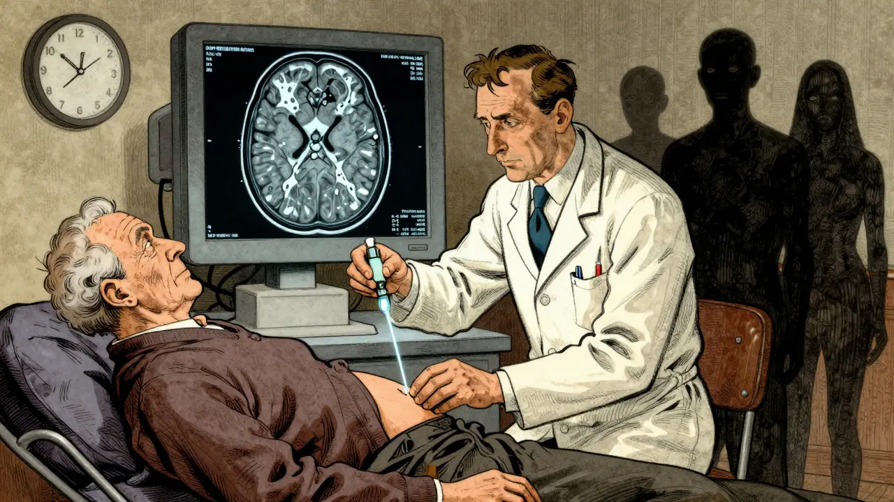 Neurosurgeon performing spinal tap on elderly patient, MRI showing enlarged ventricles, three shadowy symptoms in background.