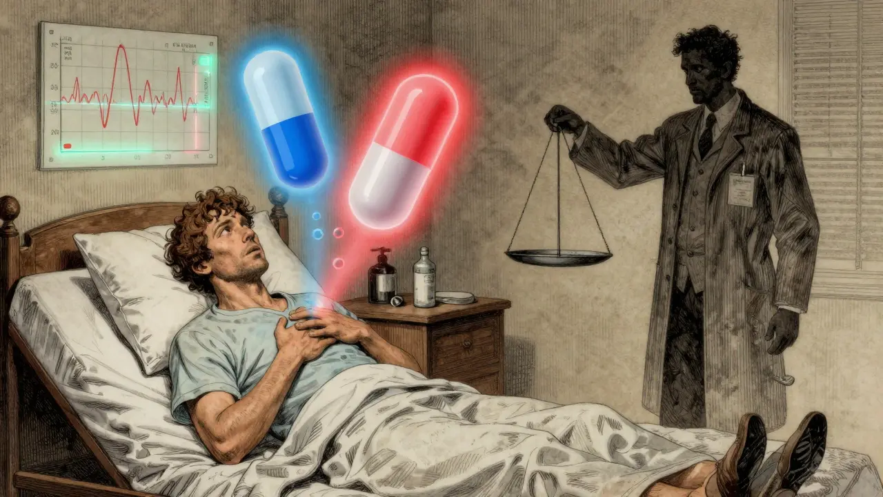 Patient clutching chest as two floating pill versions emit contrasting colored auras representing stability and risk.