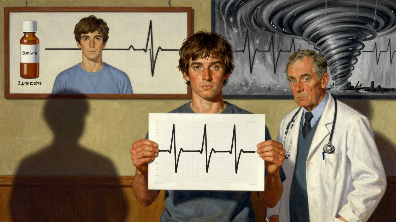 Patient confronting doctor with ECG, split path showing safe buprenorphine vs risky methadone.