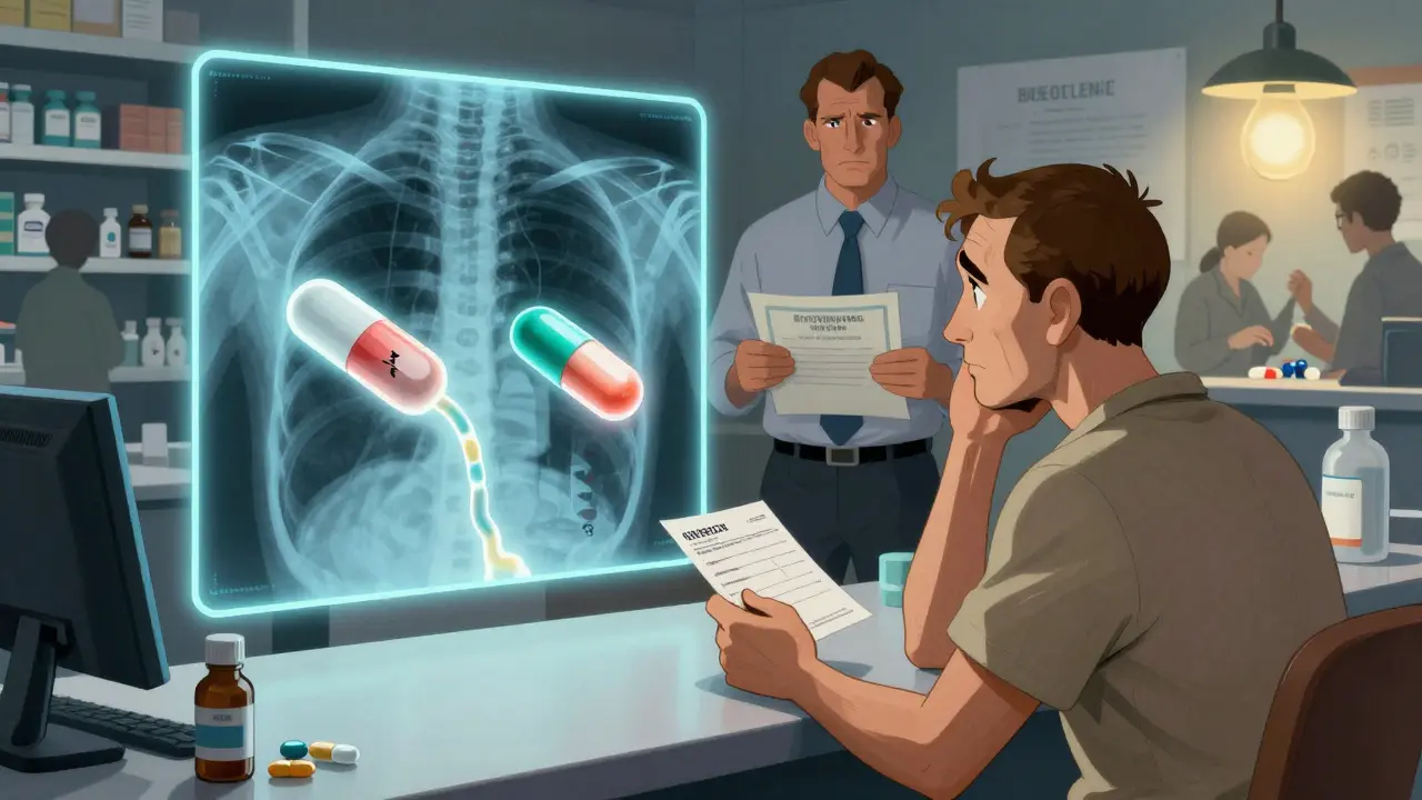 Patient hesitates as X-ray reveals identical drug molecules in generic and brand pills.