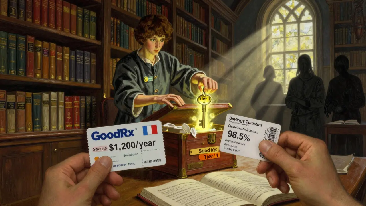 Patient reaches for savings key in a library of prescription books, illuminated by sunlight.