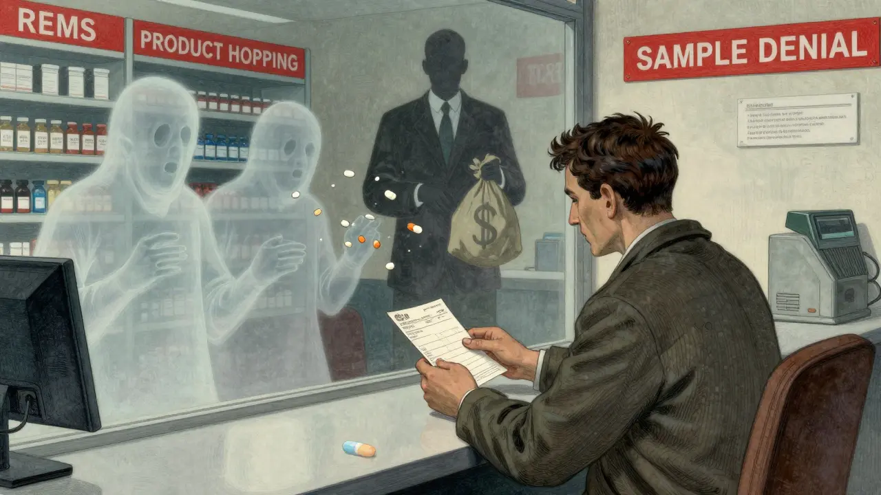 Patient reaching for invisible generic pills blocked by legal barriers, corporate shadow looming behind with money bag.