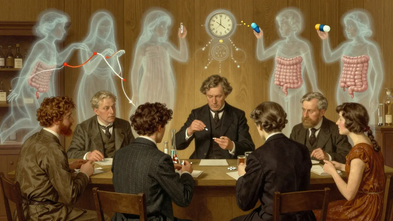 Patients receive pills as ghostly dissolution curves float above, symbolizing faster access to generics through advanced science.