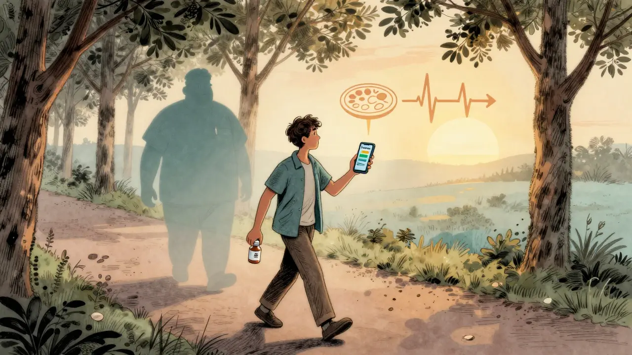 Person walking at dawn with metformin bottle and health app, leaving behind a fading heavy silhouette toward a bright horizon.