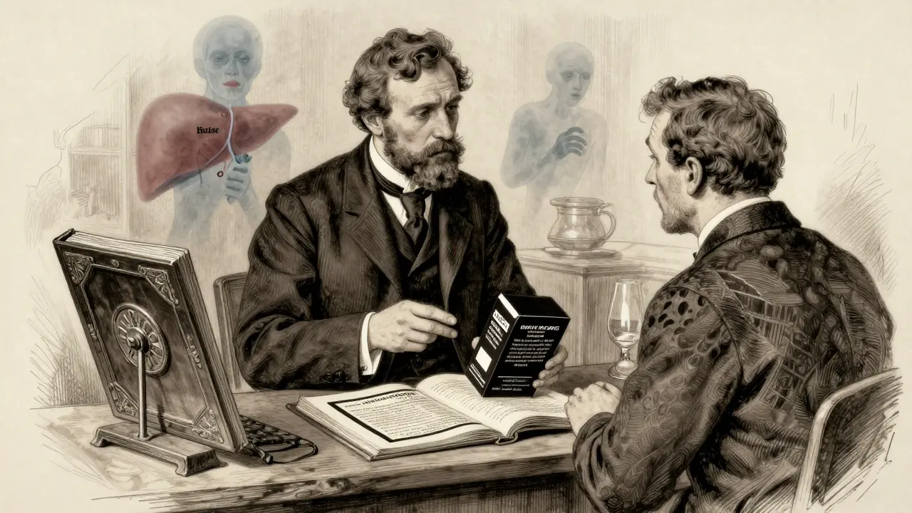 Pharmacist explains black box warning to anxious patient with ghostly side effect images nearby.