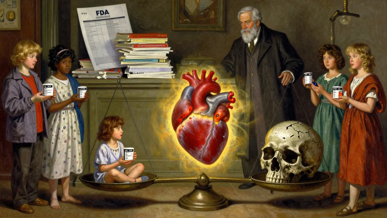 Scale balancing life-saving benefits against serious risks, with patients and physician observing.