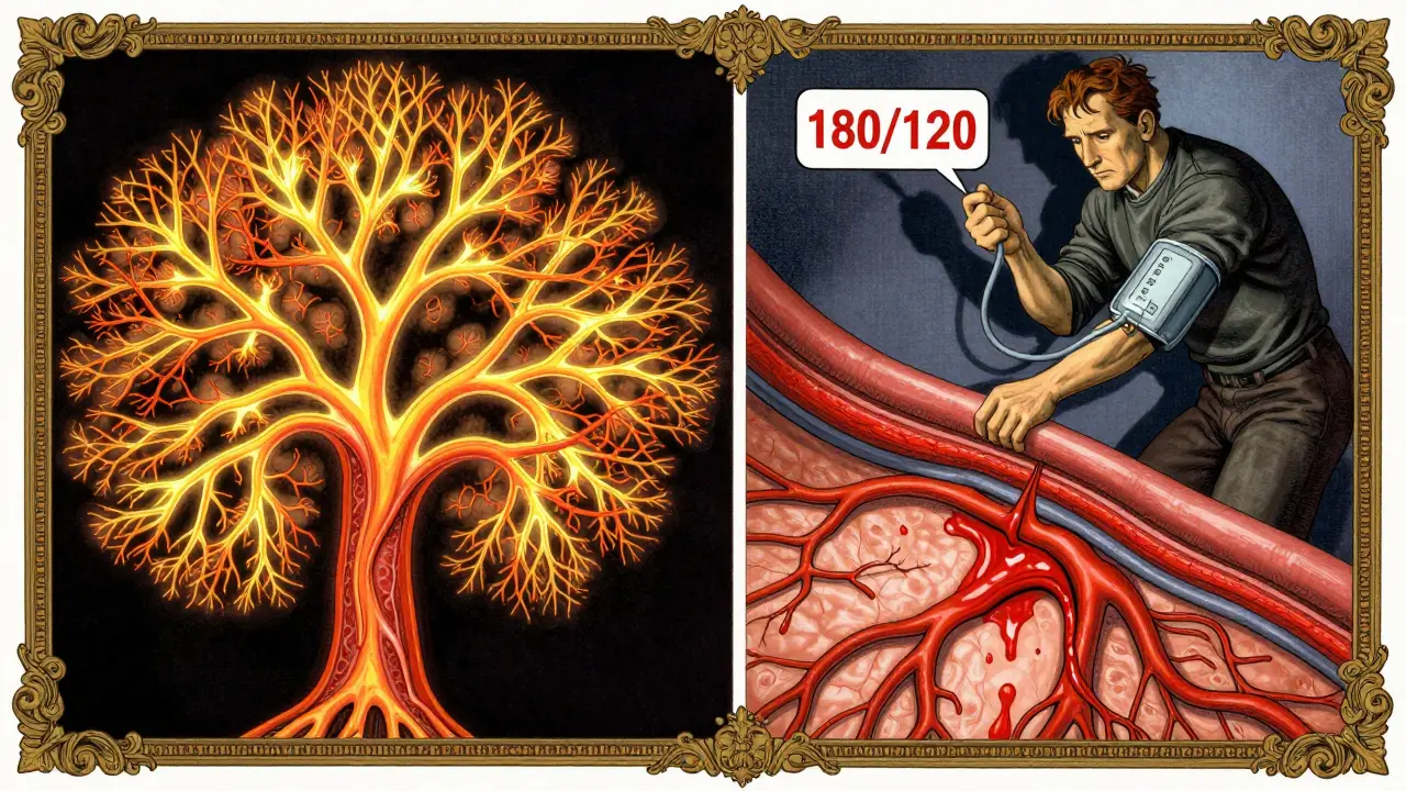 Split illustration of healthy vs. damaged retinal vessels, with a looming blood pressure reading, Victorian-style framing.