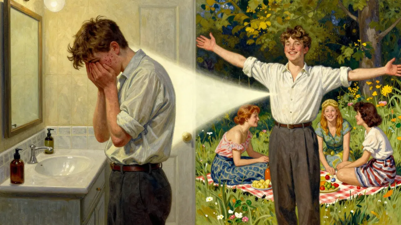 Split scene showing a teen’s emotional journey from acne-related isolation to joyful connection after treatment.