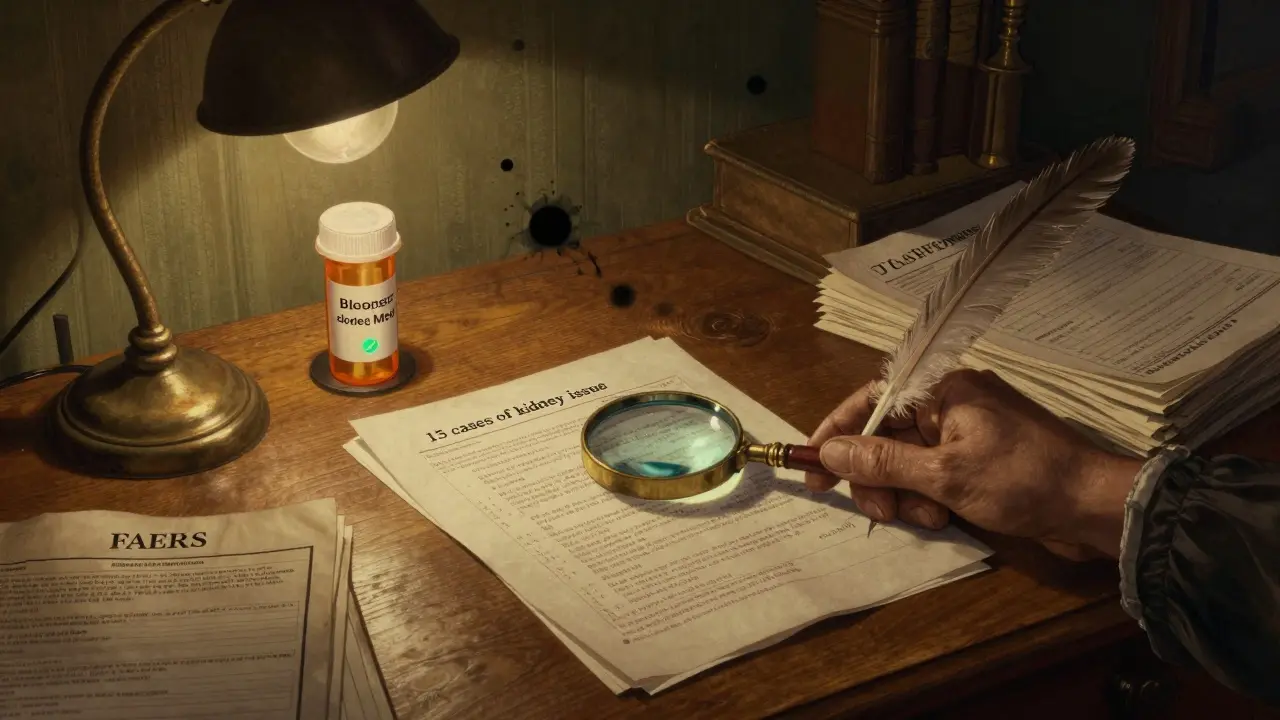 Study scene with FDA reports and a magnifying glass over a warning, lit by warm lamplight.