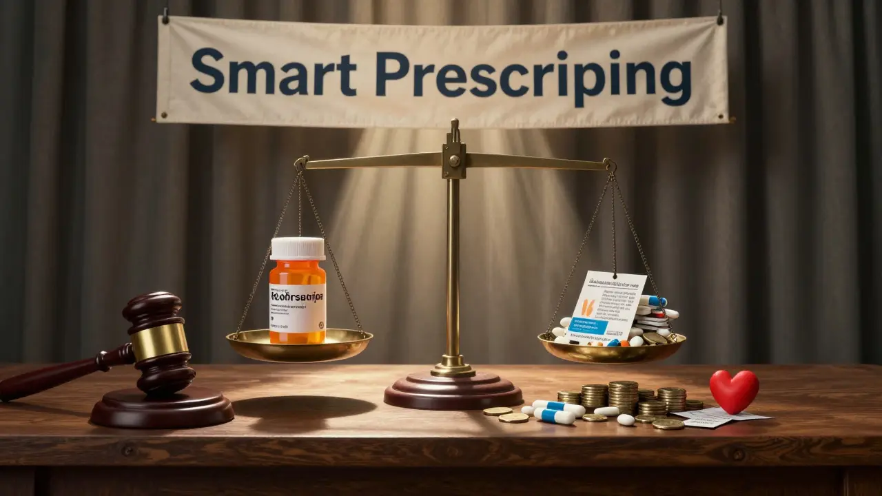 Symbolic scale balancing brand and generic drugs, weighted by coins and a heart, under dawn light.