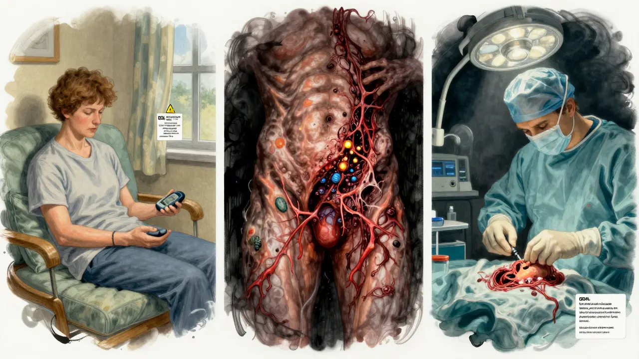 Triptych showing diabetic self-care, necrotic infection, and surgical removal of dead tissue.