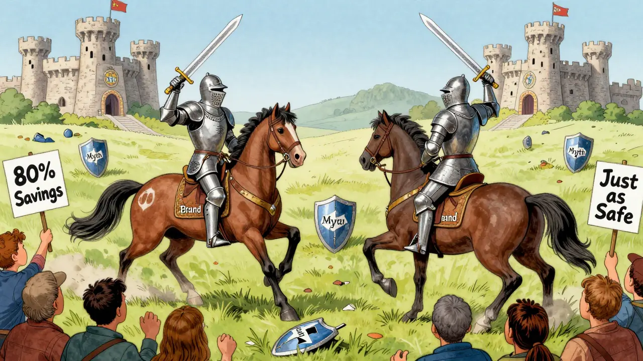 Two identical knights battle misinformation, one labeled Generic with FDA seal in background.