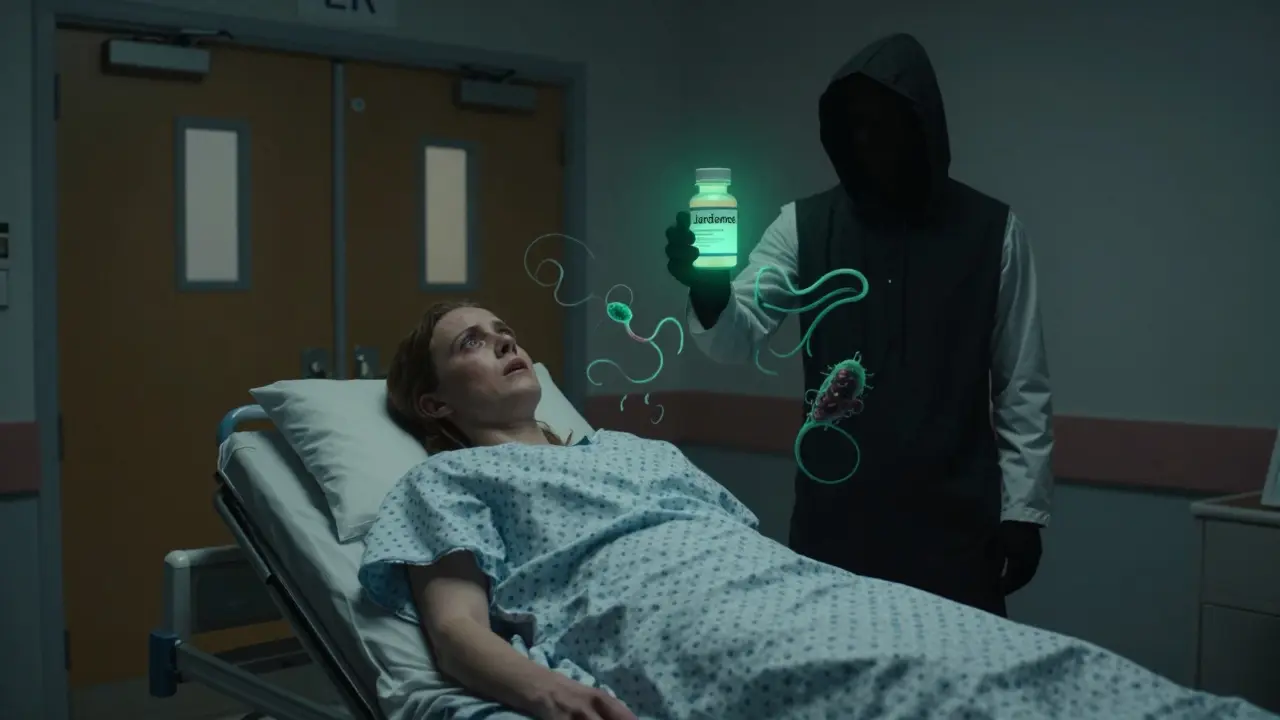 Woman being rushed to ER, holding a Jardiance bottle with glowing bacteria trailing behind her.