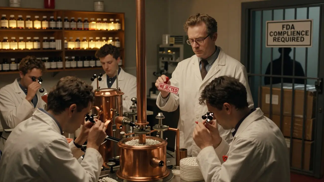 Workers testing pills under supervision, with a rejected batch stamped in red, in a vintage factory setting.