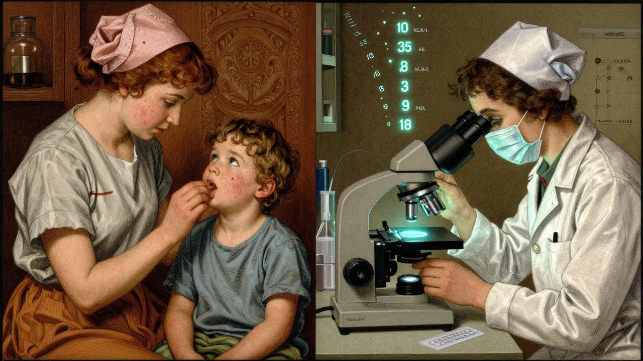 A child with eczema and a lab technician examining blood samples, with IgE levels floating as glowing numbers.
