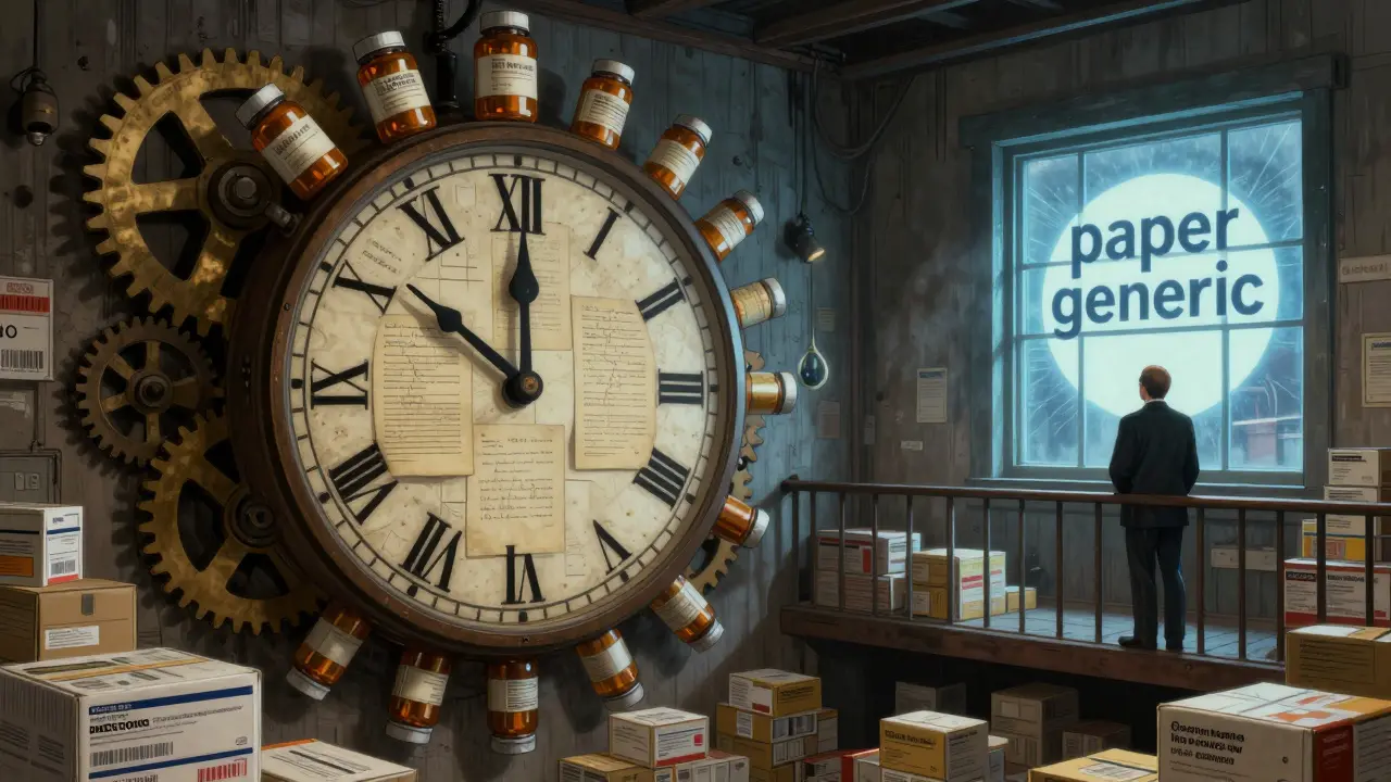 A clock made of pill bottles and legal documents ticks above stacked unshipped generics, symbolizing market delay.