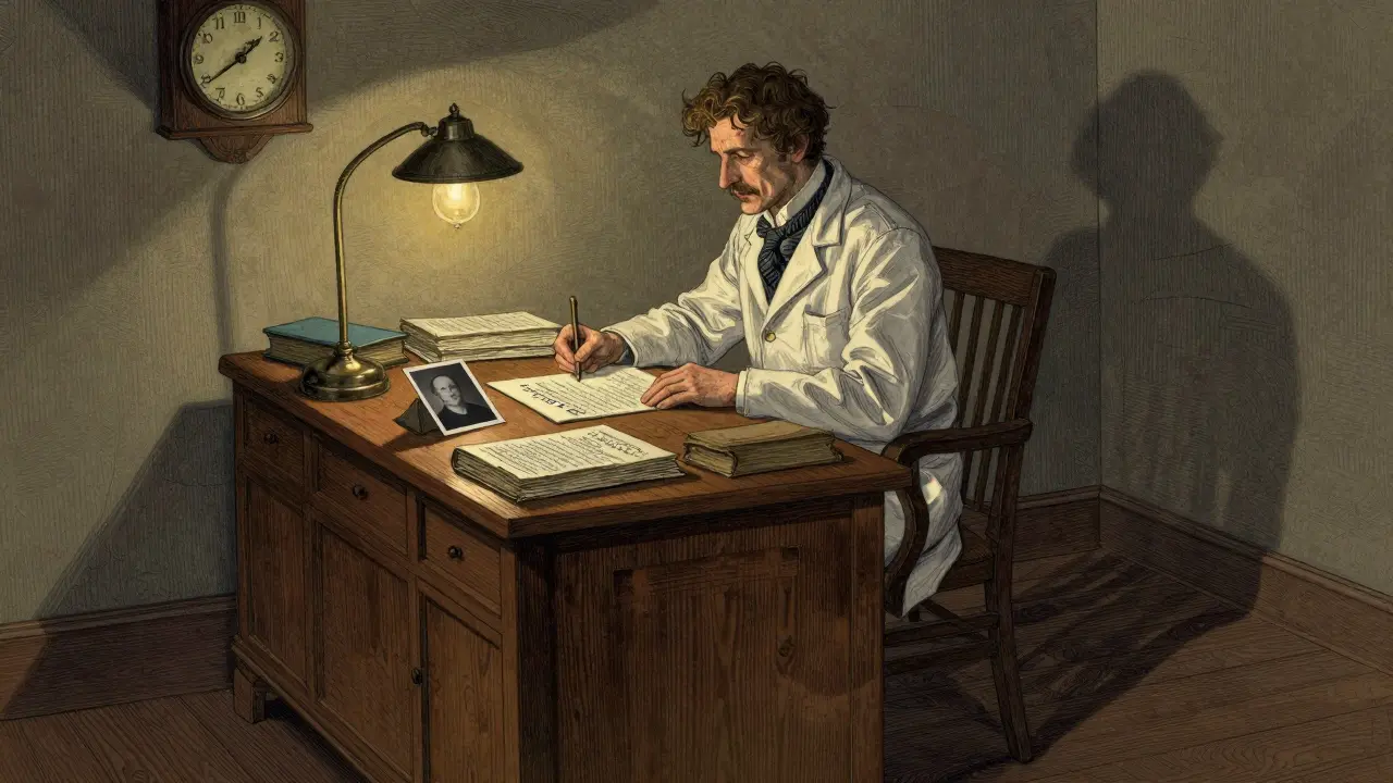 A doctor faces a moral dilemma at night, surrounded by state laws and a patient's photo, illuminated by a single lamp.