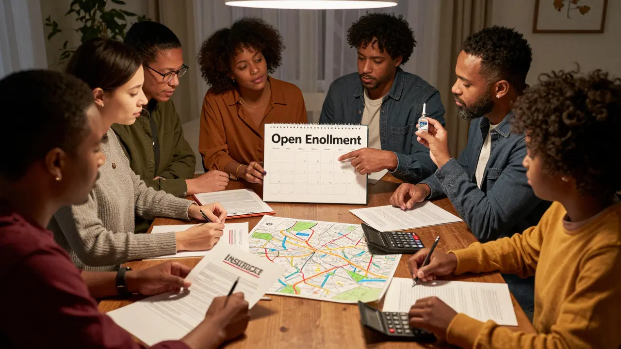 A group of people at a table comparing insurance documents and maps, with a child holding an insulin vial and a calendar marked for open enrollment.