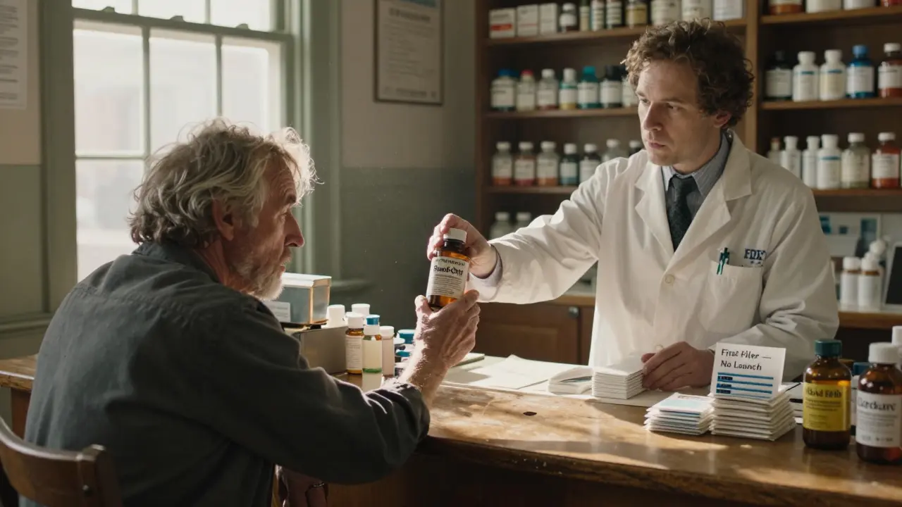 A patient reaches for an expensive brand drug while unapproved generics sit unused behind the pharmacy counter.
