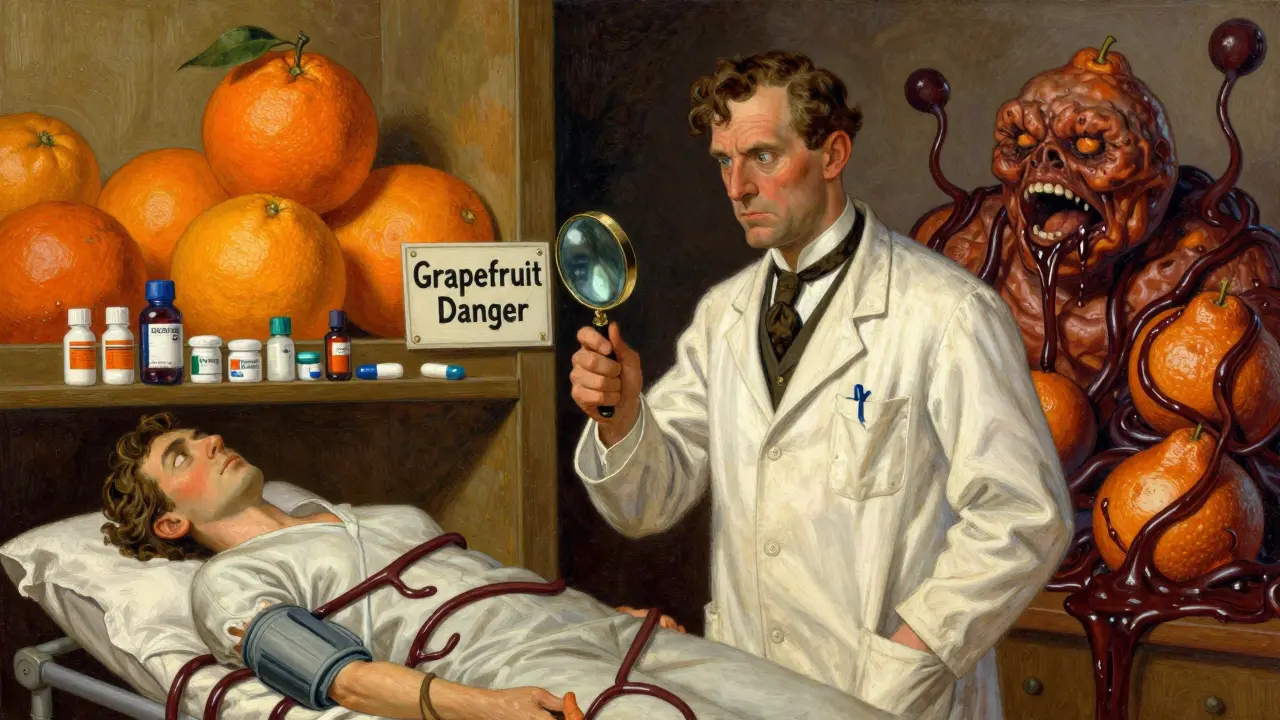 A pharmacist warns of grapefruit dangers beside safe and unsafe citrus fruits, in vintage illustration style.