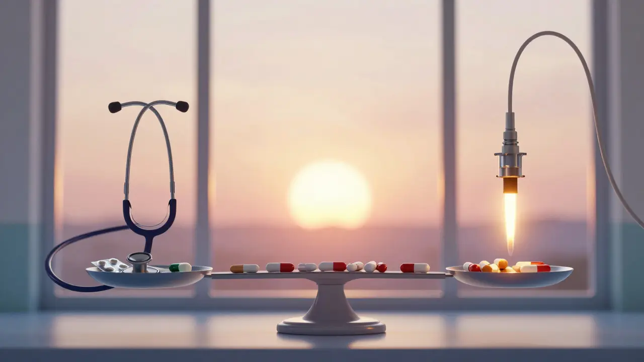 A symbolic scale balancing rate and rhythm control treatments, with anticoagulant tablets as the central focus, in Howard Pyle style.