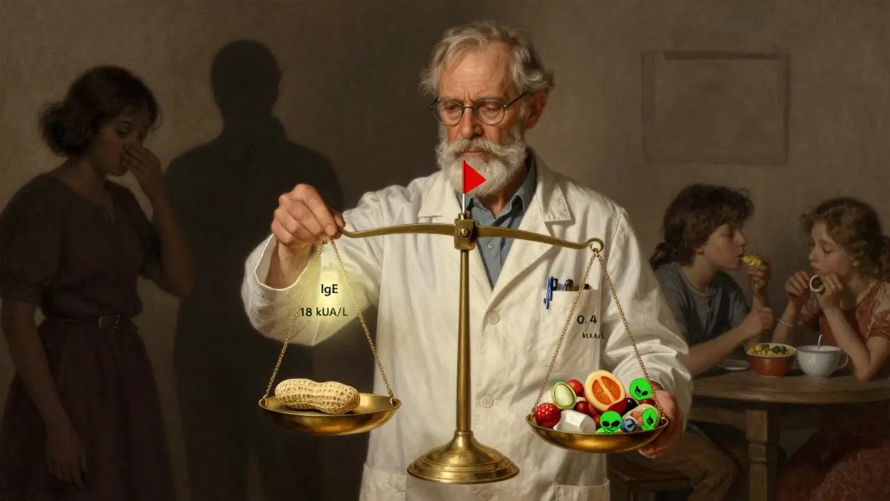An allergist holding a scale comparing a dangerous peanut allergy to harmless low readings, guiding people away from unnecessary fears.