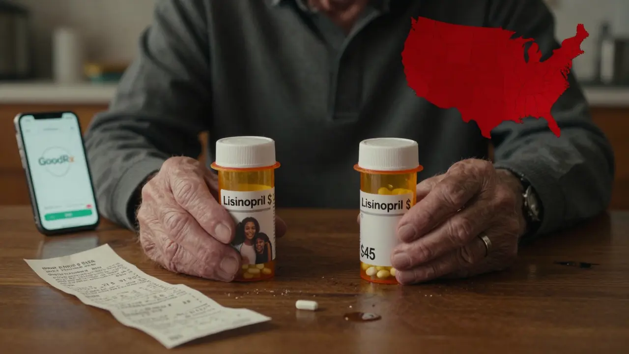 An elderly person holding two bottles of the same drug, one priced at , the other at , with a faint GoodRx glow in the background.