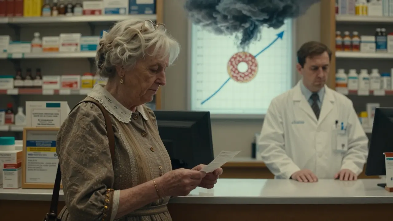 An elderly woman at a pharmacy counter, looking worried as a pharmacist turns away, with a chart showing rising drug costs in the background.