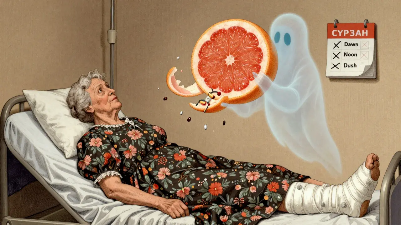 An elderly woman in hospital with a ghostly grapefruit above her, symbolizing 72-hour drug interaction risk.