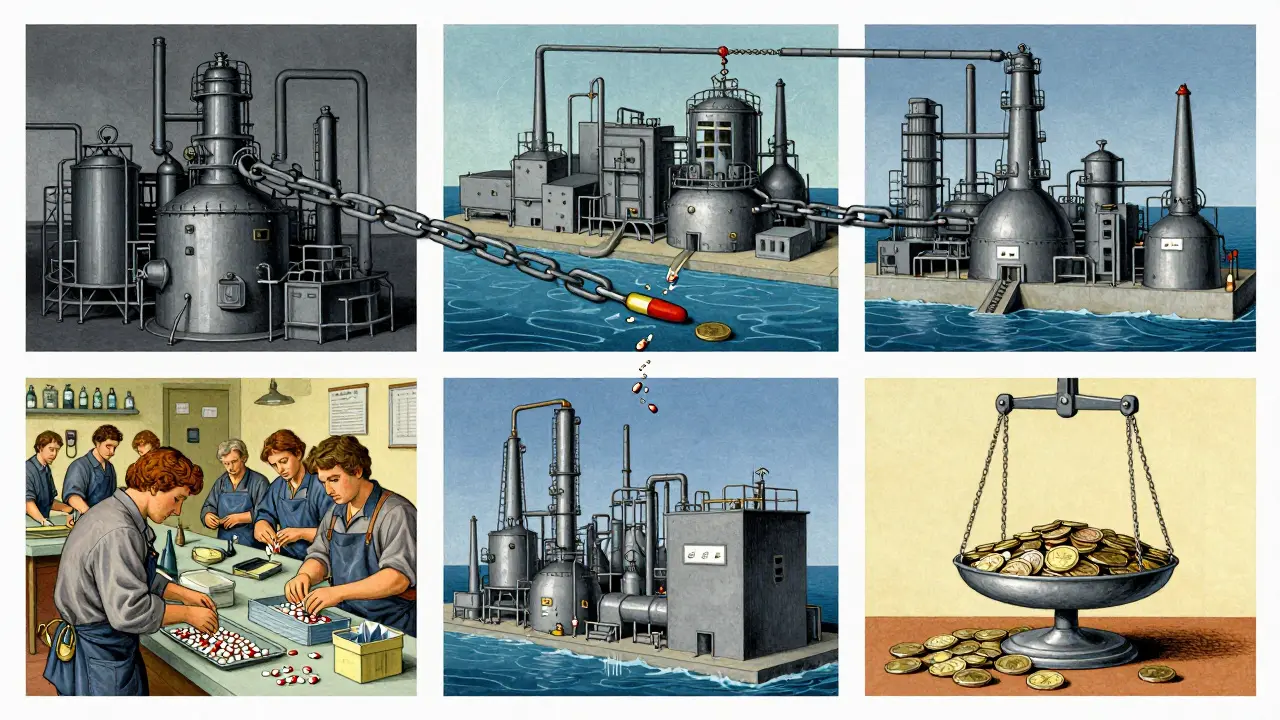 Contrasting small-scale generic drug production with massive industrial plants, with a broken supply chain chain link symbolizing shortages.