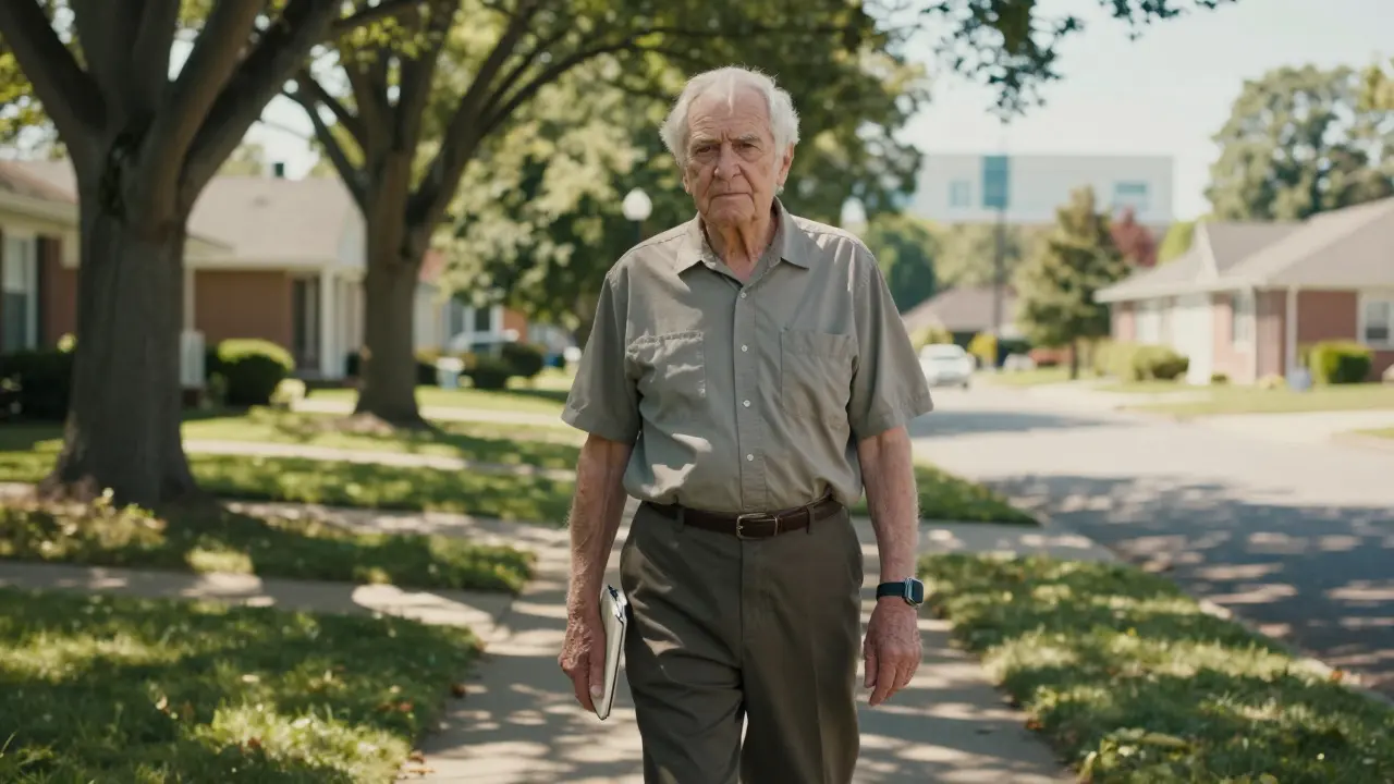Elderly man walking steadily through neighborhood as part of long-term heart health