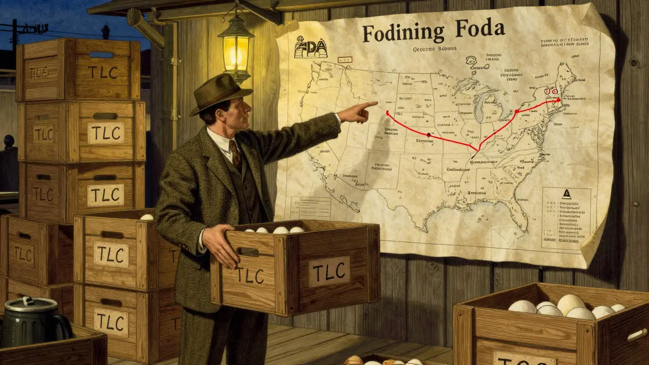 Food distribution hub with workers passing crates labeled with TLC codes, guided by an FDA agent and a map.