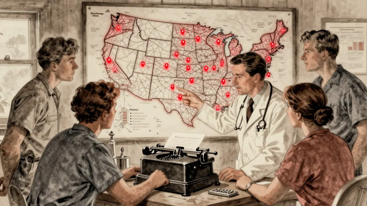 Healthcare workers consult a map and telegraph device, highlighting mandatory disease reporting across U.S. states.
