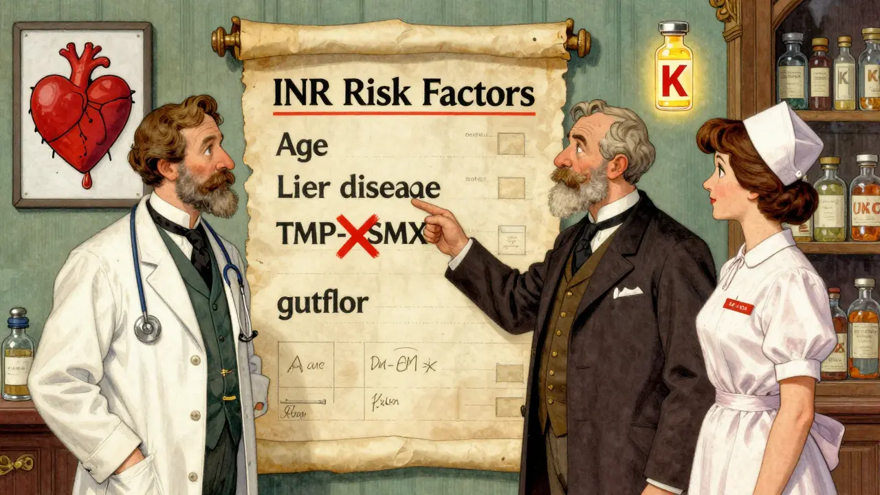 Medical team points to chart warning of TMP-SMX risks with vitamin K glowing above a bleeding heart.