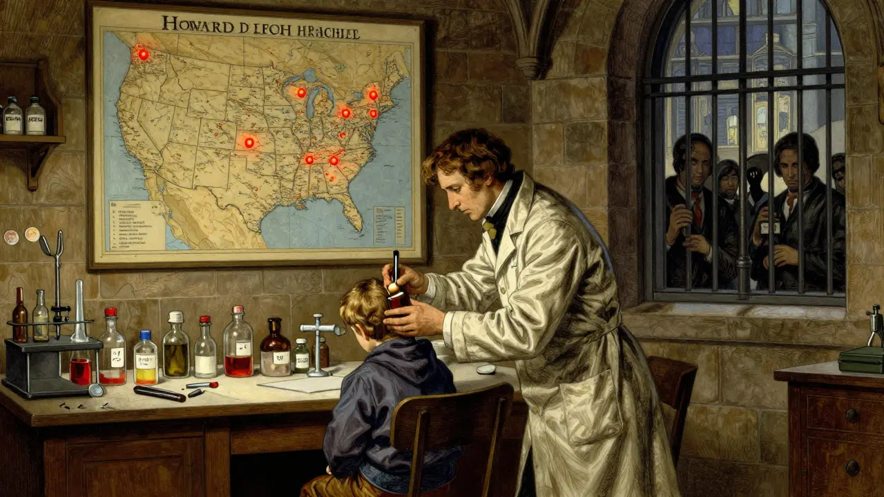 Scientists conducting pediatric drug research in a dim 19th-century lab while generics wait outside