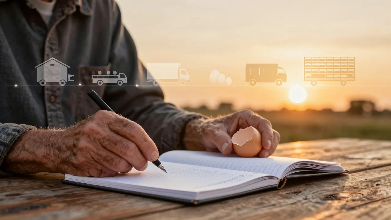 Small farm owner holding TLC records as a ghostly supply chain timeline glows behind her.