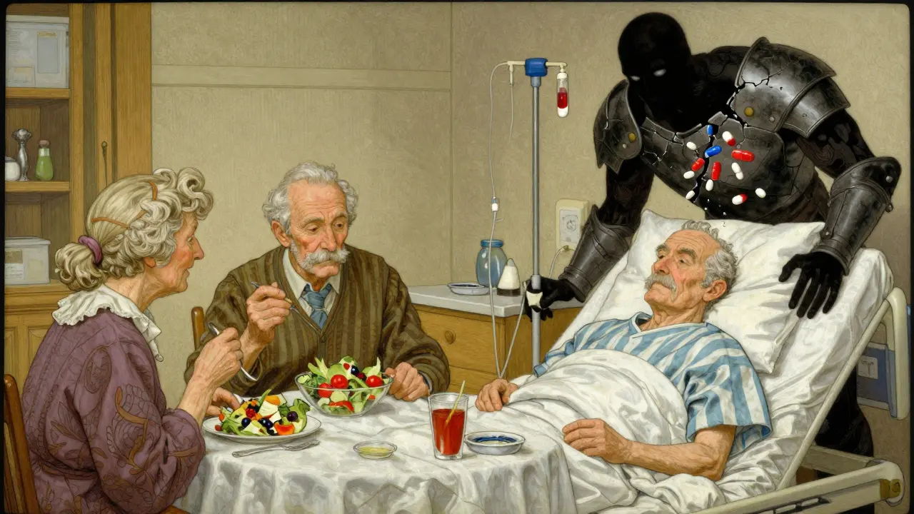 Split scene: peaceful dinner vs. hospital emergency as Bactrim casts a shadow over warfarin.