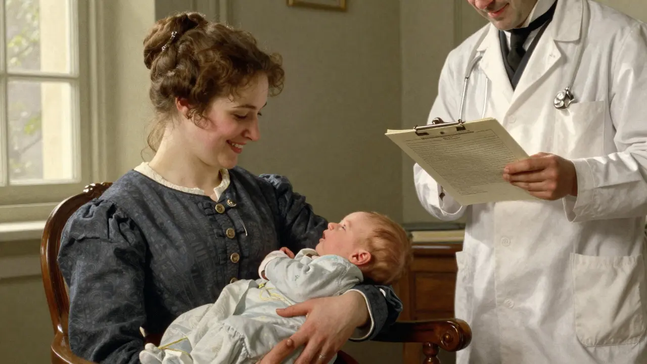 Woman holding newborn baby with doctor in background.