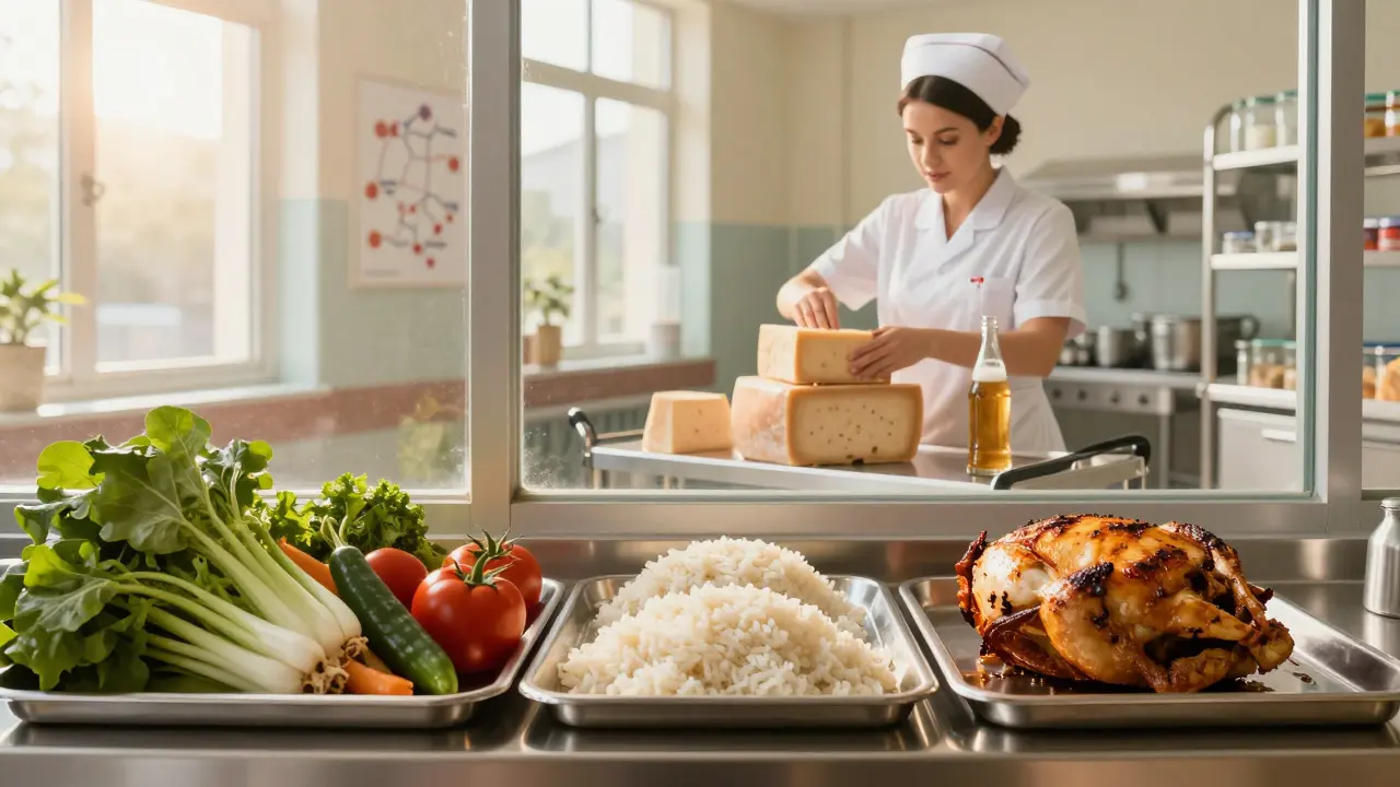 A clean hospital kitchen with safe foods, staff removing risky items like cheese and beer.